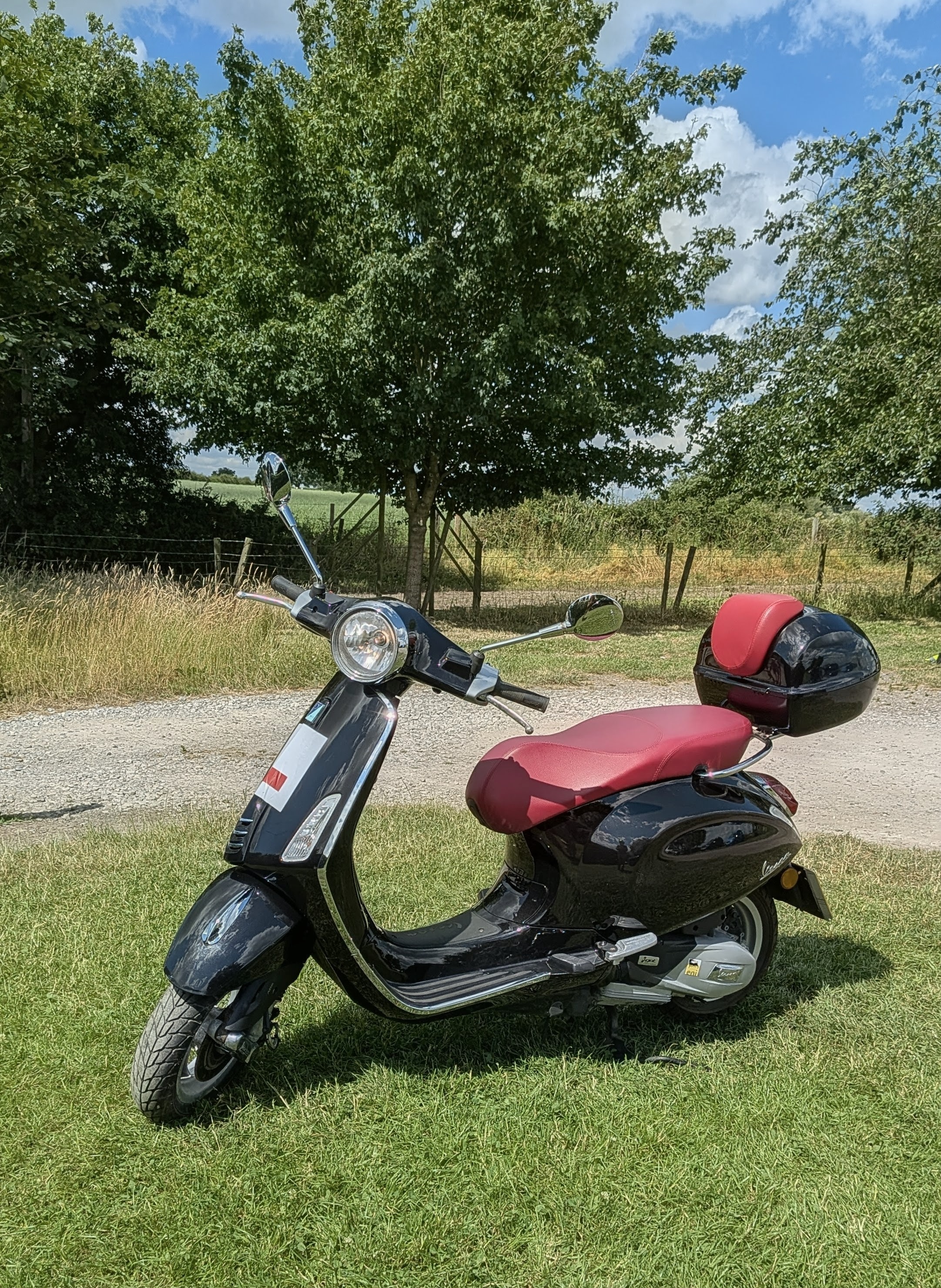 The Vespa Primavera parked in the countryside near Great Budworth