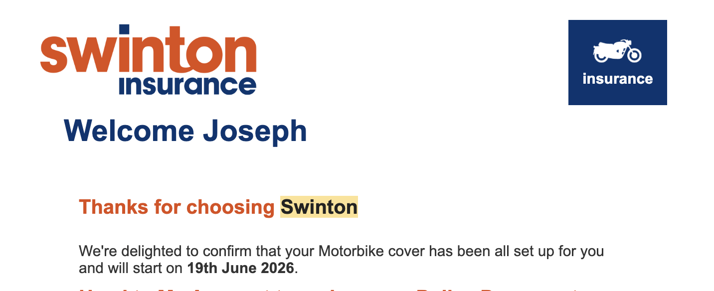 The insurance email showing the wrong start date
